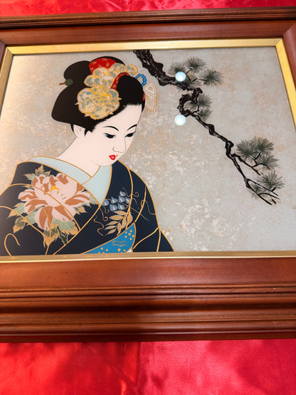 Vintage Japanese Maiko Glass Art | Washi Paper | Framed Artwork | YUIKURA