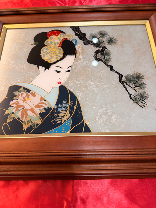 Vintage Japanese Maiko Glass Art | Washi Paper | Framed Artwork | YUIKURA