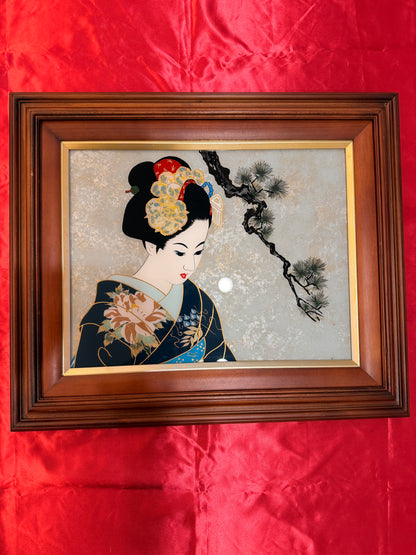 Vintage Japanese Maiko Glass Art | Washi Paper | Framed Artwork | YUIKURA